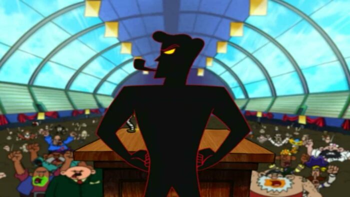 Father (a red-toned shadowy outline of a man with angry, glowing yellow eyes and a smoking pipe) standing with his fists on his hips at a podium before his hundreds of evil adult colleagues in a large room with a skylight.