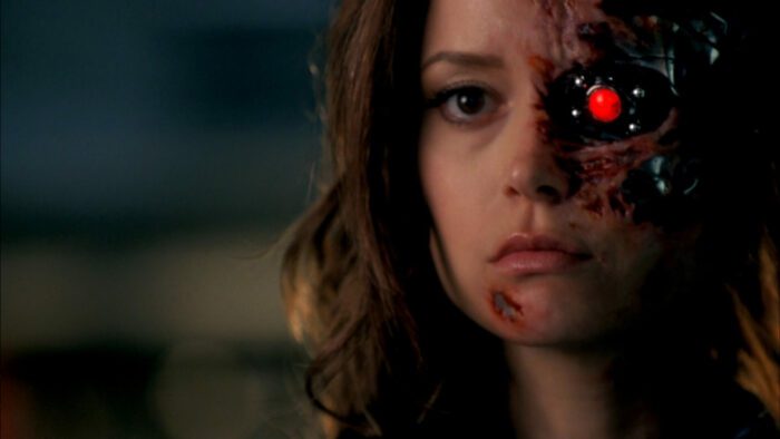 Cameron terminator exoskeleton showing with red eye in The Sarah Connor Chronicles