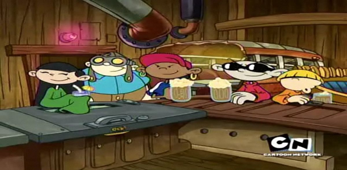 Numbers Three, Two, Five, One, and Four standing at a makeshift wooden "bar" in their treehouse base. Five and One have jugs of soda that resemble beer. They all appear happy.