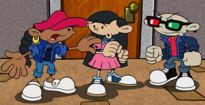 Numbuh 5 (Abby, a black girl wearing a blue jacket over a black shirt, shorts, white shoes and a red hat), Numbuh 3 (Kuki, an Asian girl with long black hair wearing a pink dress and converse), and Numbuh One (Nigel, a bald white boy wearing a pair of shades with one red lens and one green, a jean jacket, red shirt, jeans and black sneakers), on the set of their school's rendition of West Side Story. Abby has her hand on Kuki's shoulder, who looks apprehensive as Nigel looks stern.