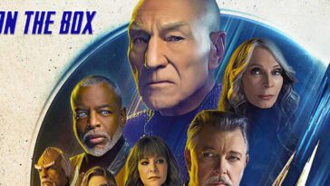 Picard, Riker, Crusher and other in a stylized poster for Star Trek: Picard Season 3, with the words "On the Box" in the top left corner