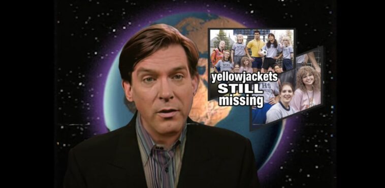 Kurt Loder with a spinning globe behind him and a picture of the Yellowjackets to the right with the word "yellowjackets still missing"