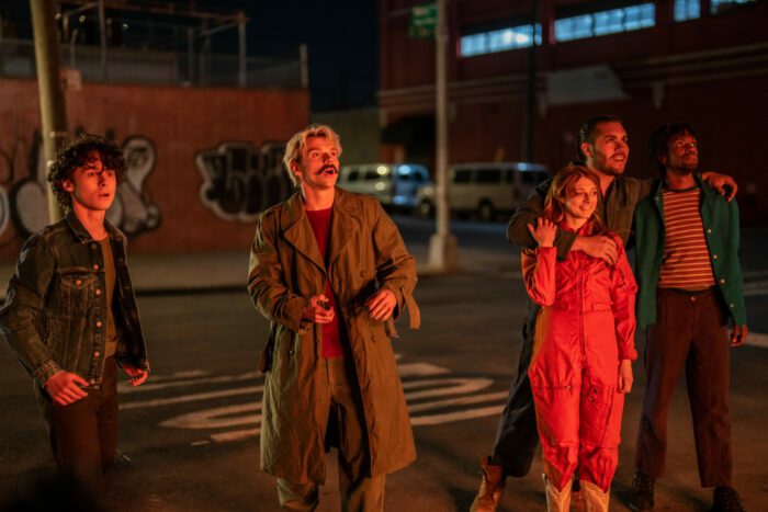(Wyatt Oleff) as Charlie, (Max Milner) as Nicky Chaos, (Alexandra Doke) as Sewer Girl and Alexander Pineiro as Sol in Episode 3 of City on Fire after lighting a building on fire