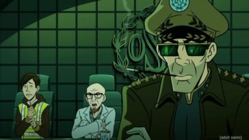 A man in sunglasses smokes with an older man with a goatee and a younger man seated in the background in the trailer for Venture Bros movie