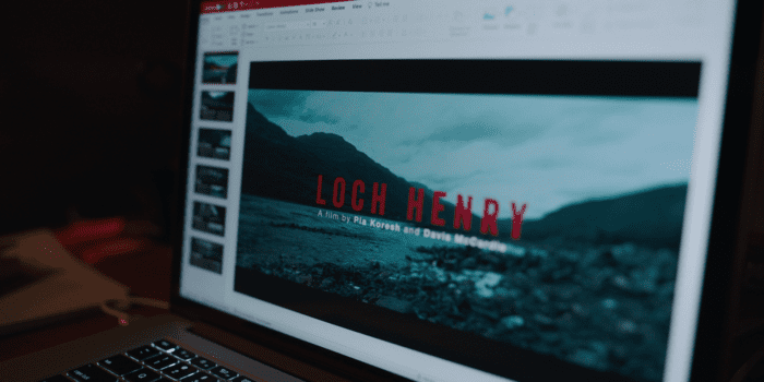 A computer screen with a powerpoint presentation titled "Loch Henry A Film by Davis and Pia"