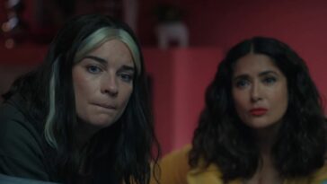 Joan (Annie Murphy) and Salma Hayek look on concerned in Black Mirror "Joan Is Awful"