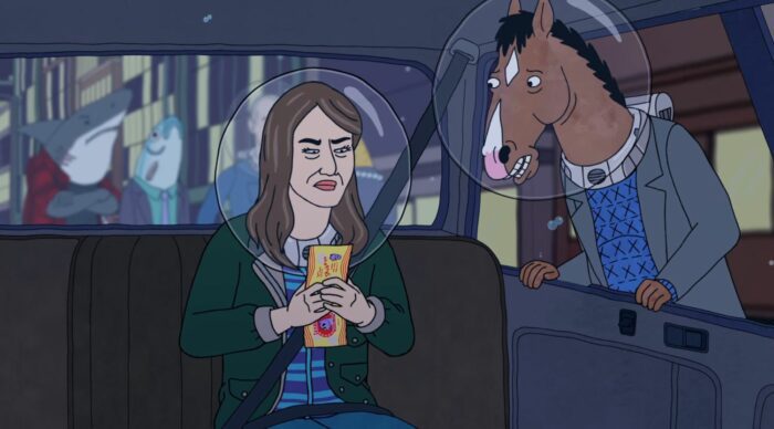 BoJack leans into Kelsey's cab as she looks at his note in "Fish Out of Water"