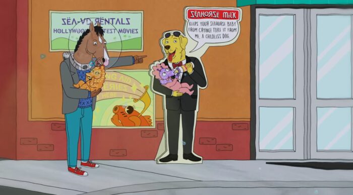 BoJack holds the baby seahorse looking at a Mr. Peanutbutter stand up advertising seahorse milk