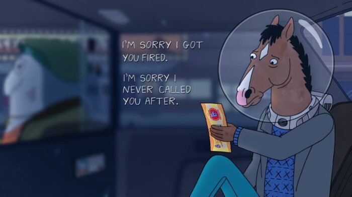 BoJack in a cab writing a note that reads on screen, "I'm sorry I got your fired. I'm sorry I never called you after."