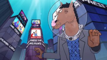 BoJack on the street wearing a glass helmet with video playing behind him about his thumbs-up