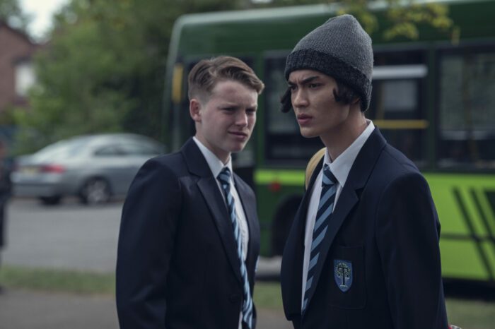 Season 1 Episode 7: L-R Harry Greene (Cormac Hyde-Corrin) and Tao Xu (William Gao) in an argument outside of school. 