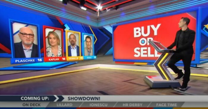 Panelists on Around the Horn with Buy or Sell to the right