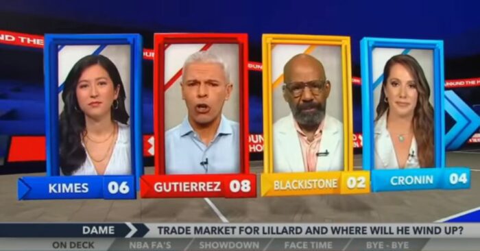 Panelists in a row on Around the Horn