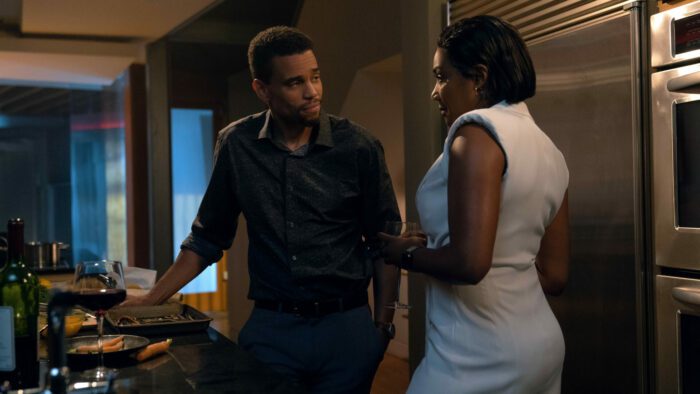 The Afterparty "Danner's Fire" L-R Quentin Deveraux (Michael Ealy) and Detective Danner (Tiffany Haddish) in Deveraux's kitchen