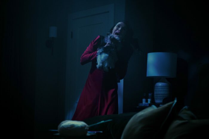 The Afterparty S2E10: Zoe (Zoe Chao) being attacked by a dog in Edgar and Grace's room.