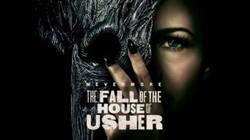 A woman hides behind a crow mask in the show poster for The Fall of the House of Usher