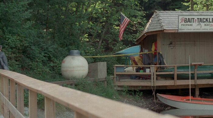 A white propane tank next to a propane store in "Clyde Bruckman's Final Repose"