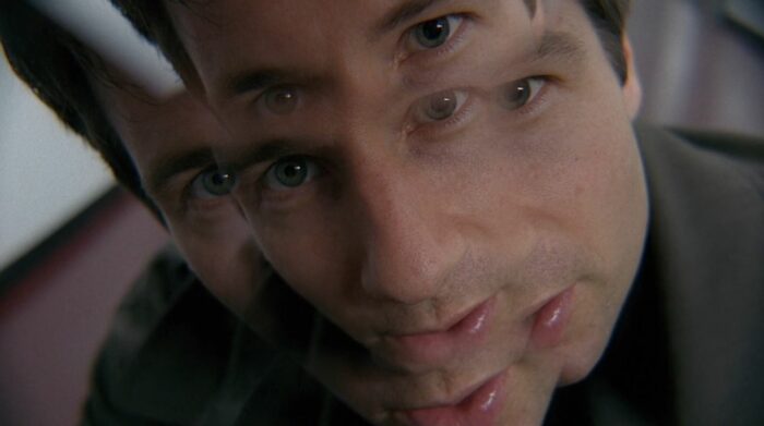 Mulder's face refracted, as from the perspective of a roach he's holding