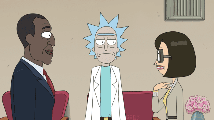 Dr. Wong and the President gaze at each other, with an irritated Rick in the middle.
