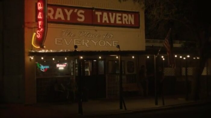 A Murder at the End of the World S1E2 - Outside exterior of Ray's Tavern at night