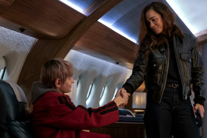 Sian and Darby shake hands on the plane