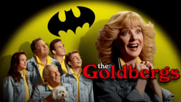 Promo images of a family standing looking up at a Bat signal, with a blond woman in the front hands clasp in front of her