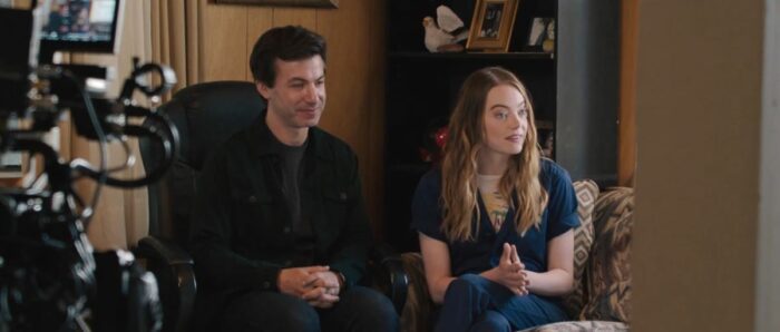 Asher (Nathan Fielder) and Whitney (Emma Stone) sit next to each other in the premiere of The Curse on Showtime
