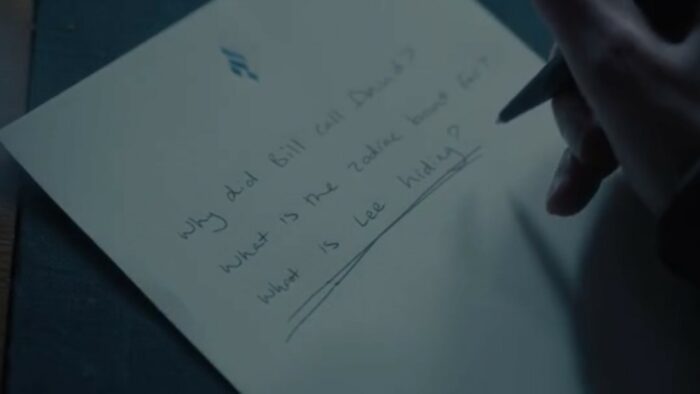 A Murder at the End of the World S1E5 - A hotel stationary with three questions written on it, pen in hand just off the page
