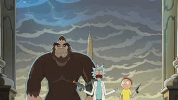 Rick, flanked by Bigfoot and Morty, bellows a battle cry at the entrance to the Vatican.
