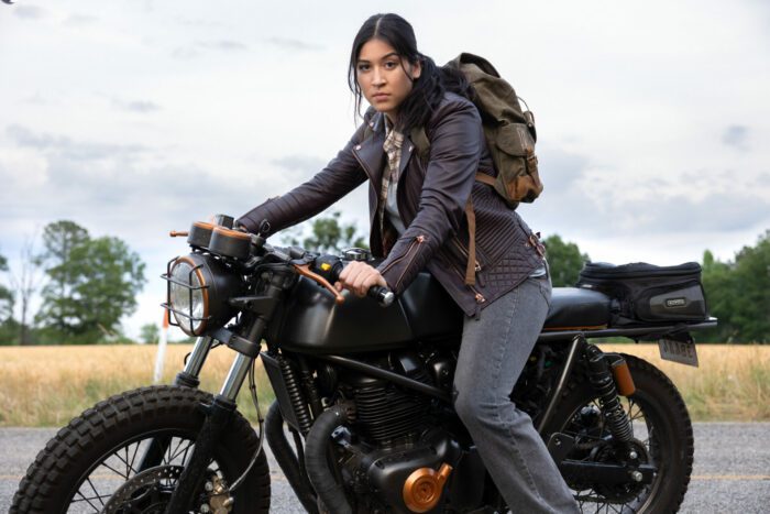 Alaqua Cox as Maya Lopez on her motorbike looking to camera