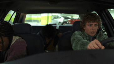 r-l: Percy (Walker Scobell), Grover Underwood (Aryan Simhadri) and Annabeth (Leah Jefferies) in Hermes' taxi