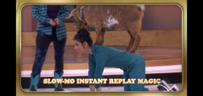 Sarah Silverman on all fours in Stupid Pet Tricks on TBS, with the word Slow-Mo Instant Replay Magic across the bottom of the screen