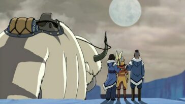 The Gaang, Appa, Katara, Momo, Aang, and Sokka looking away toward the giant full moon
