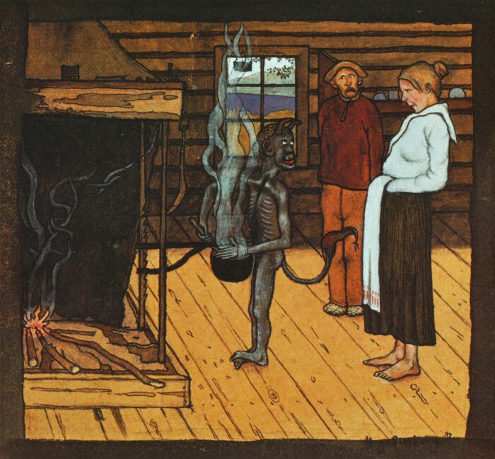 Hugo Simberg's painting of a skinny devil stirring a pot while a couple looks on
