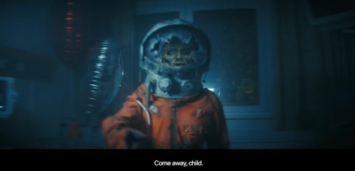 The Valya (aka Irena) as a dead cosmonaut saying, "Come away, child" in Russian, with a subtitle