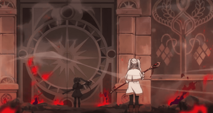 Frieren, an elf woman in a white robe, holds her staff in front of her chest. She is faced by an exact copy of herself that looks as if it is made entirely of black stone. They are surrounded by raging red fires. The stone walls are covered in intricate symbols. The dark version of Frieren appears to be blocking a large door. 