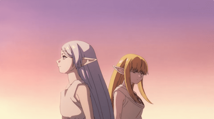 A pale elf woman with long grey hair stands back to back with another elf. The second elf has orange hair, and has an ambiguous expression. The stand against a luminous pink and purple sky. 