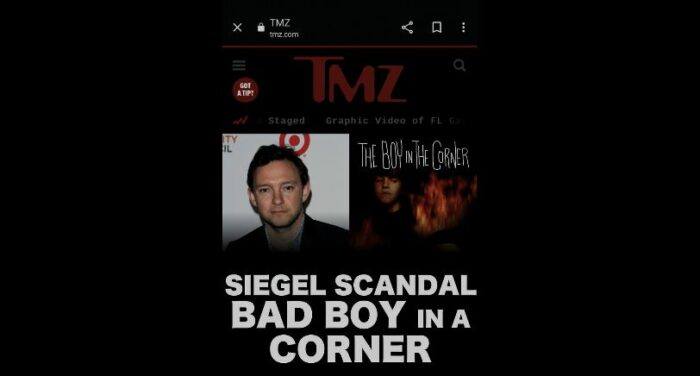 A TMZ article on a phone with the headline Siegel Scandal: Bad Boy in a Corner